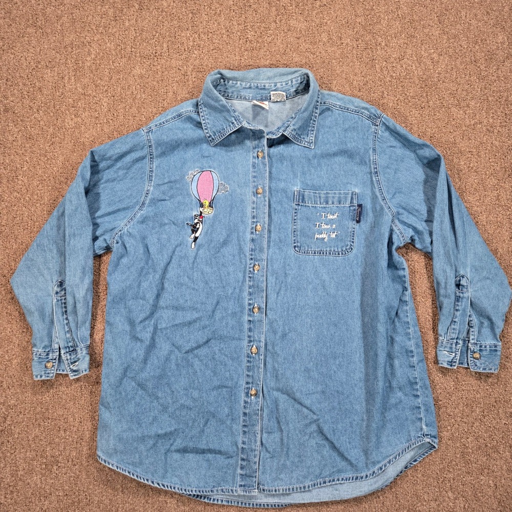 Vintage Looney Tunes Denim Shirt Woman 1X Blue Sylvester Tweety Bird Embroidered